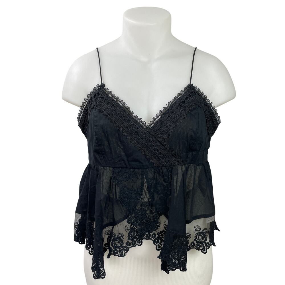 Abercrombie & Fitch Black Sleeveless Embroidered Babydoll Lace Trim Cami Top XL